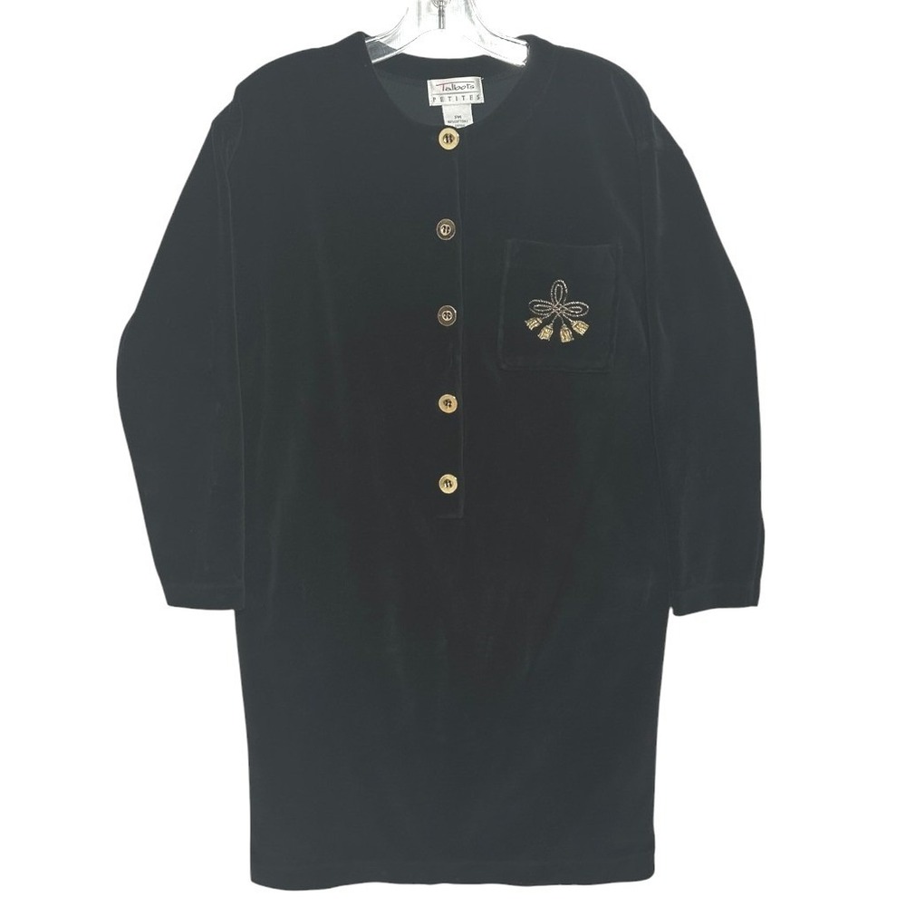 VTG Talbots Velvet Dress Women Black Gold‎ Button Holiday Party Minimalist PM
